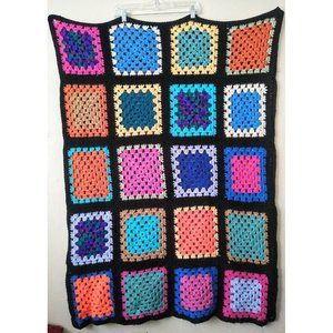 Granny Square Afghan Hand Crochet Chunky Knit Colorful MultiColor Throw Blanket